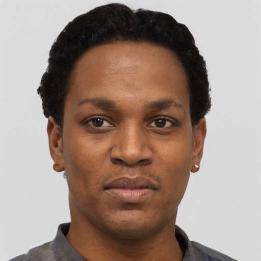 Neutral black young-adult male with short  black hair and brown eyes