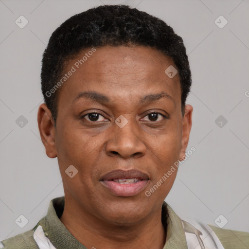 Joyful latino adult female with short  brown hair and brown eyes