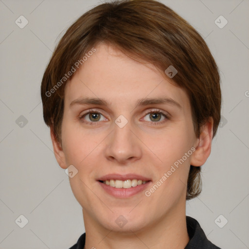 Joyful white young-adult female with medium  brown hair and grey eyes