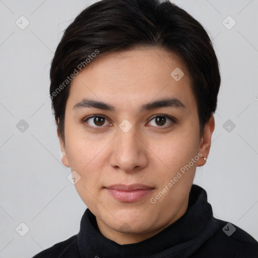 Joyful white young-adult female with short  brown hair and brown eyes