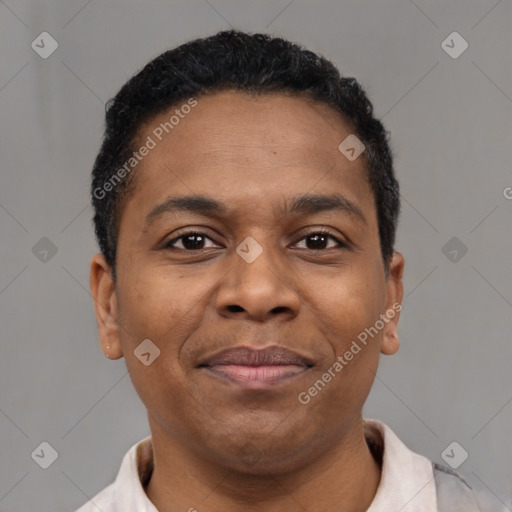 Joyful black adult male with short  brown hair and brown eyes