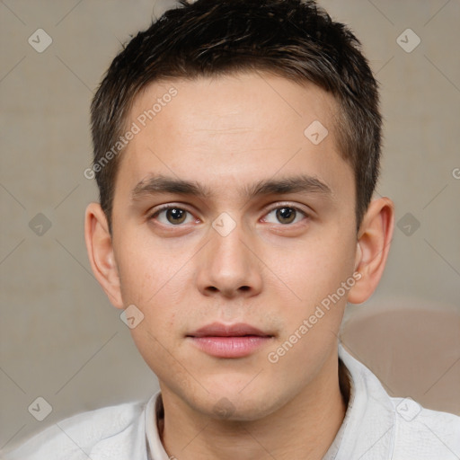 Neutral white young-adult male with short  brown hair and brown eyes