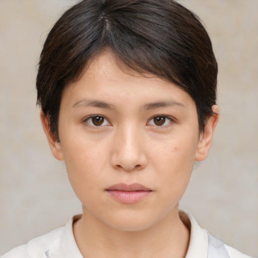 Neutral white young-adult female with medium  brown hair and brown eyes