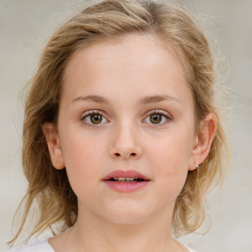 Neutral white child female with medium  brown hair and blue eyes