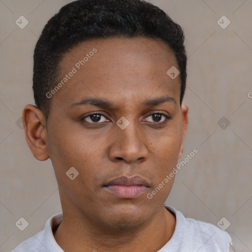 Neutral black young-adult male with short  black hair and brown eyes