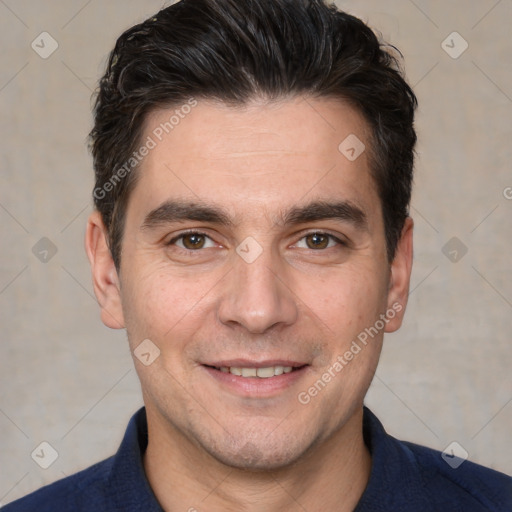 Joyful white adult male with short  brown hair and brown eyes