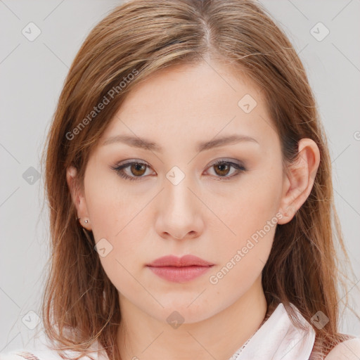 Neutral white young-adult female with long  brown hair and brown eyes