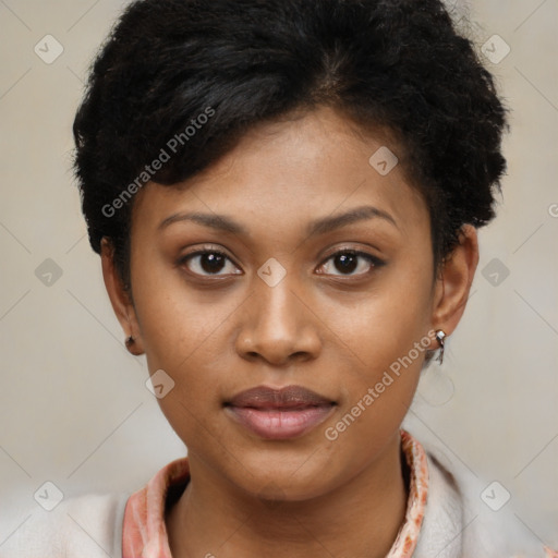 Neutral latino young-adult female with short  black hair and brown eyes