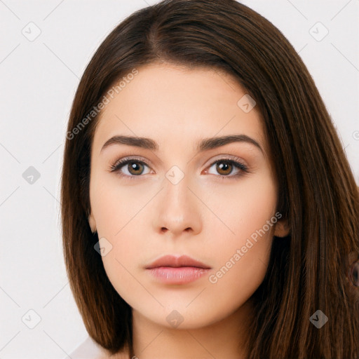 Neutral white young-adult female with long  brown hair and brown eyes