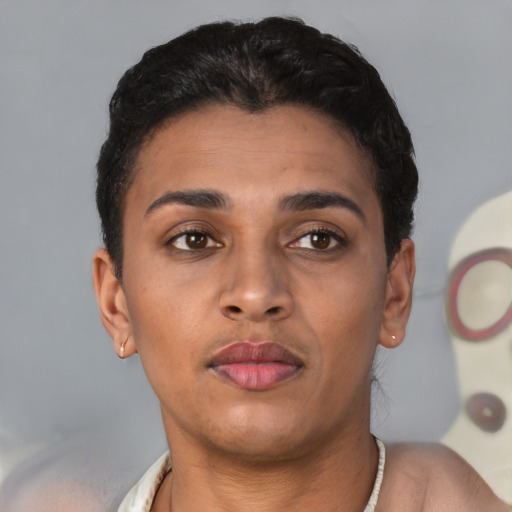 Neutral latino young-adult female with short  brown hair and brown eyes
