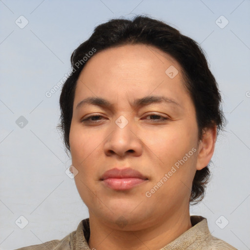 Neutral asian adult female with short  brown hair and brown eyes