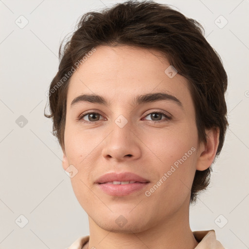 Joyful white young-adult female with short  brown hair and brown eyes