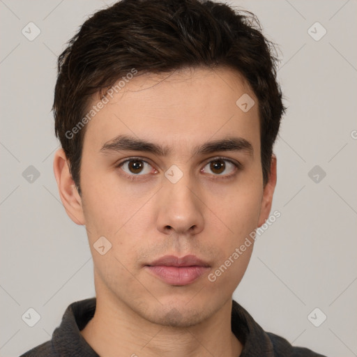 Neutral white young-adult male with short  brown hair and brown eyes