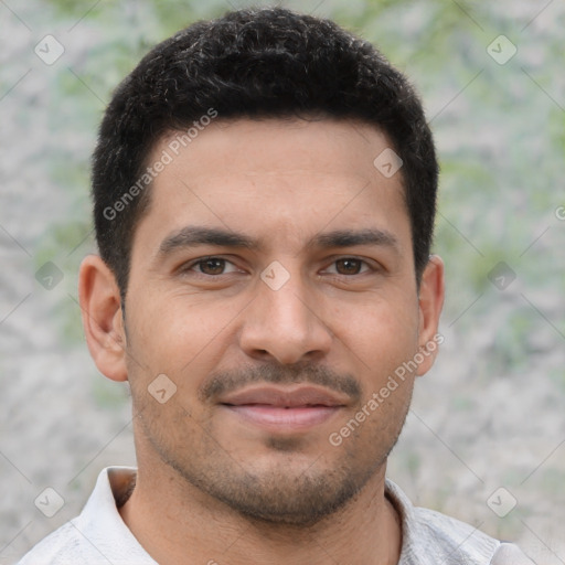 Joyful latino young-adult male with short  brown hair and brown eyes