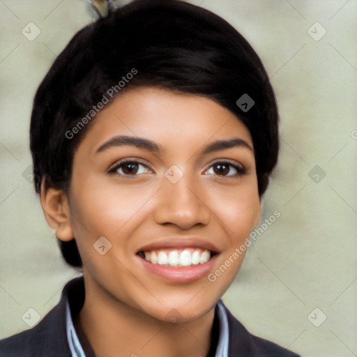 Joyful latino young-adult female with short  black hair and brown eyes