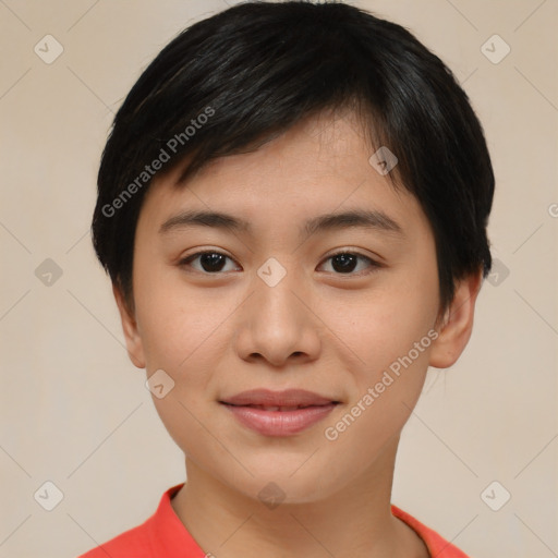 Joyful asian young-adult female with short  brown hair and brown eyes