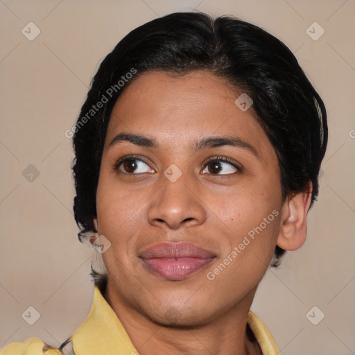 Joyful asian young-adult female with medium  brown hair and brown eyes