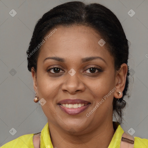 Joyful latino young-adult female with short  brown hair and brown eyes