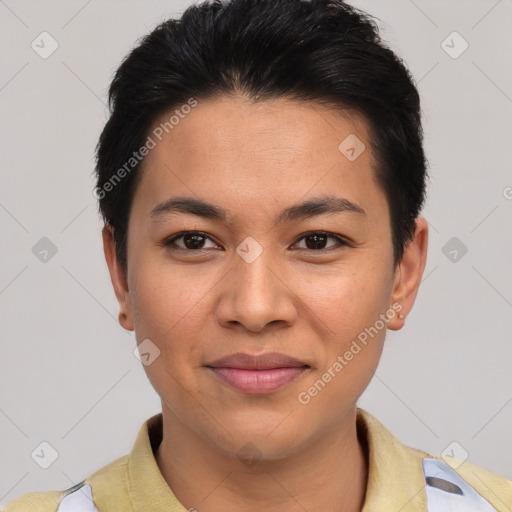 Joyful asian young-adult female with short  brown hair and brown eyes