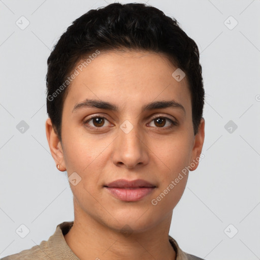 Joyful white young-adult female with short  brown hair and brown eyes