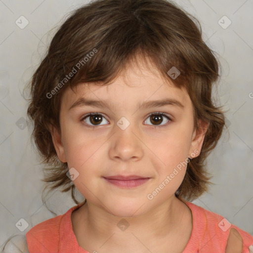 Joyful white child female with medium  brown hair and brown eyes