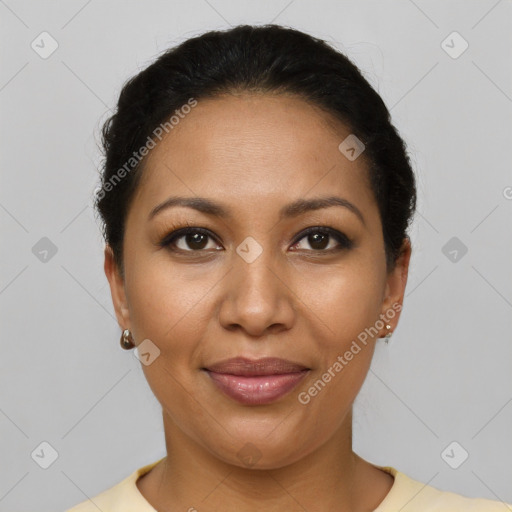 Joyful latino young-adult female with short  brown hair and brown eyes