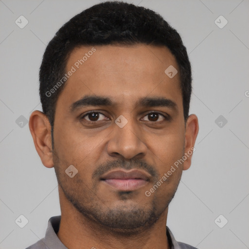 Neutral latino young-adult male with short  black hair and brown eyes