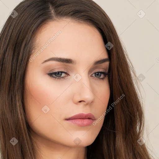 Neutral white young-adult female with long  brown hair and brown eyes