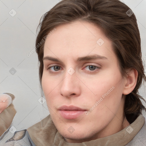 Neutral white young-adult female with medium  brown hair and grey eyes