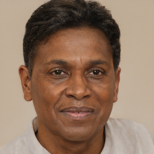 Joyful black adult male with short  brown hair and brown eyes