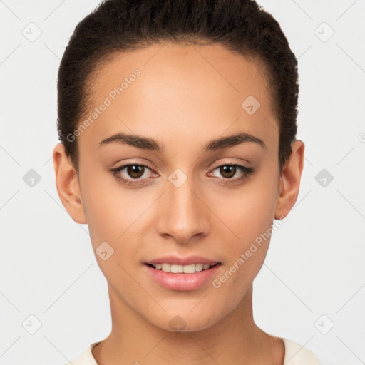 Joyful white young-adult female with short  brown hair and brown eyes