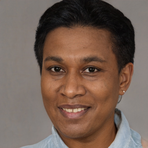 Joyful black adult male with short  black hair and brown eyes