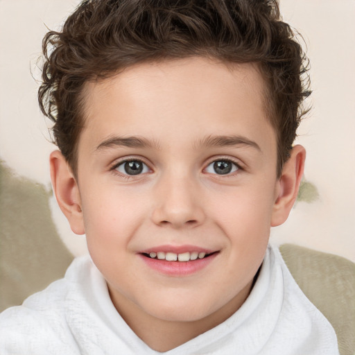 Joyful white child female with short  brown hair and brown eyes