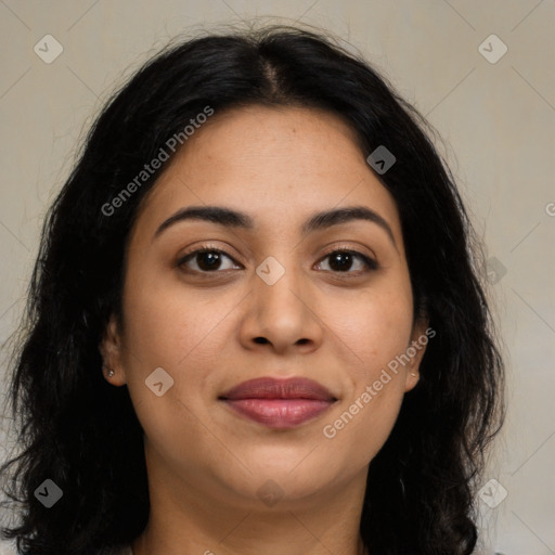 Joyful latino young-adult female with long  brown hair and brown eyes