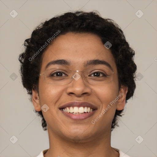 Joyful latino young-adult female with short  brown hair and brown eyes