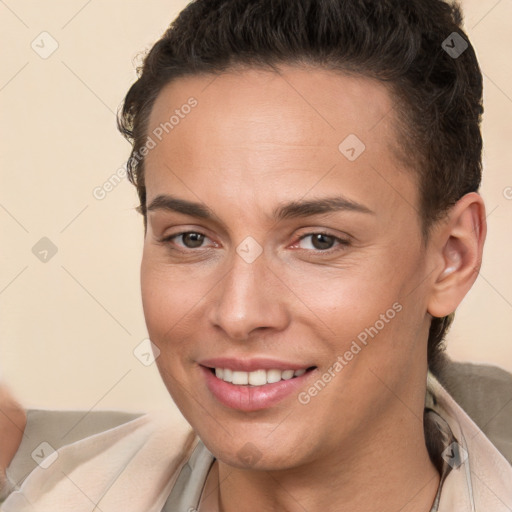 Joyful white young-adult female with short  brown hair and brown eyes