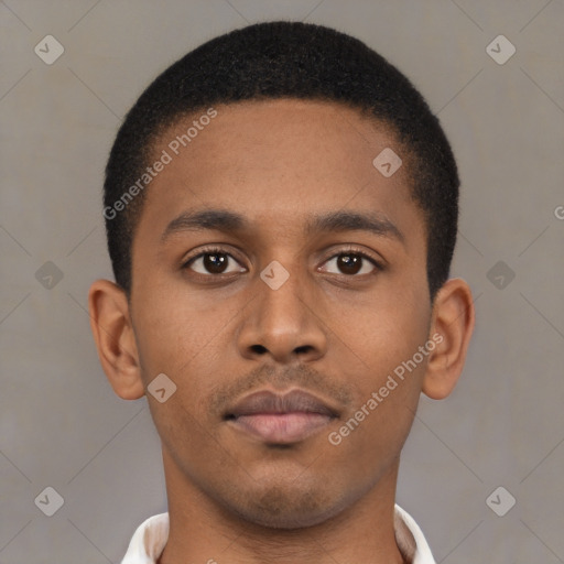 Neutral latino young-adult male with short  brown hair and brown eyes