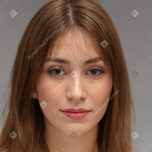 Neutral white young-adult female with long  brown hair and brown eyes