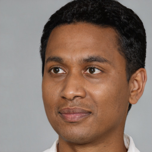 Joyful black young-adult male with short  black hair and brown eyes