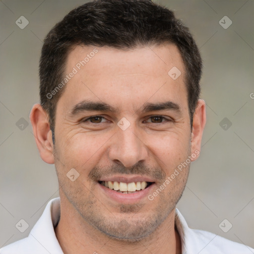 Joyful white young-adult male with short  brown hair and brown eyes