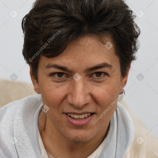 Joyful white adult female with short  brown hair and brown eyes