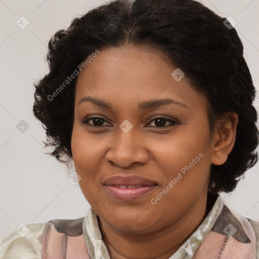 Joyful black adult female with short  brown hair and brown eyes