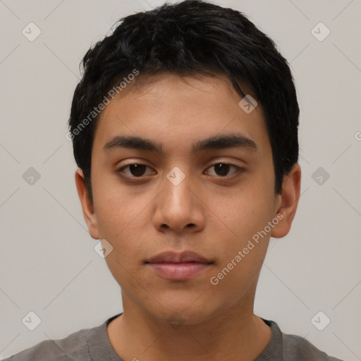 Neutral latino young-adult male with short  black hair and brown eyes