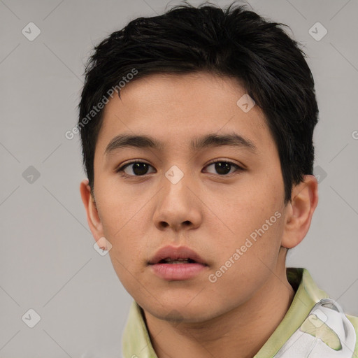 Neutral asian young-adult male with short  brown hair and brown eyes