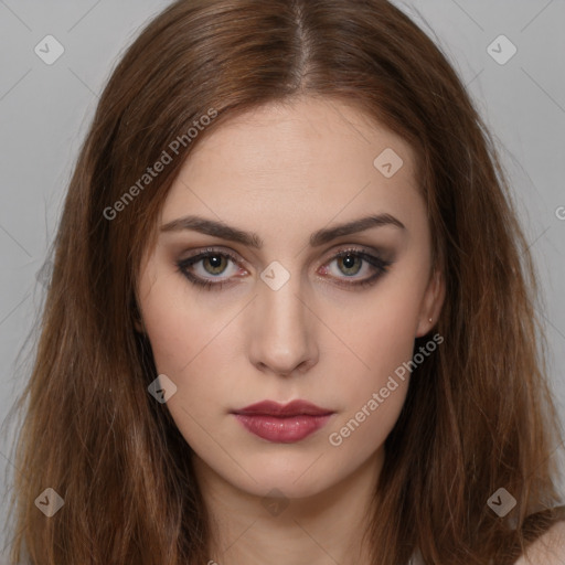 Neutral white young-adult female with long  brown hair and brown eyes