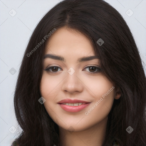 Joyful latino young-adult female with long  black hair and brown eyes