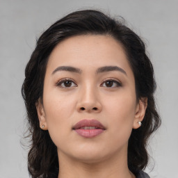 Neutral asian young-adult female with long  brown hair and brown eyes