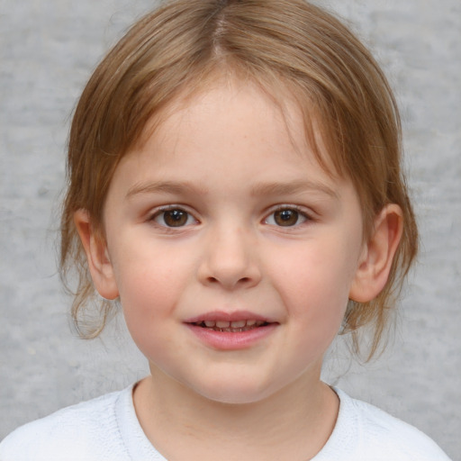 Joyful white child female with medium  brown hair and blue eyes