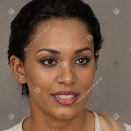 Joyful latino young-adult female with short  brown hair and brown eyes