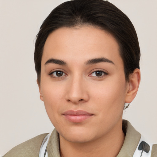 Neutral white young-adult female with short  brown hair and brown eyes